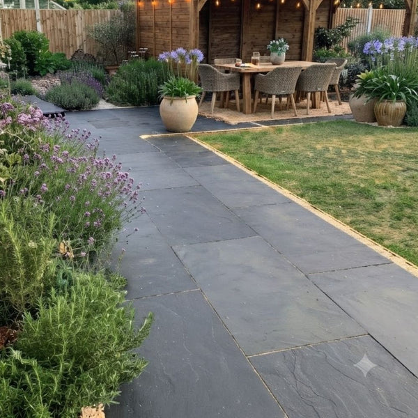 Black Limestone 900mm x 600mm x 20mm with a natural riven texture that passes the credit card test, ideal for standard fireplace hearth installations, available from our Milton Keynes warehouse.