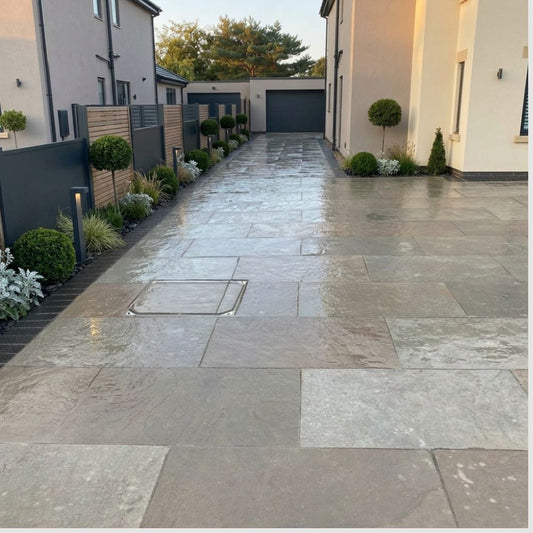 Dove grey limestone paving slab, 900x600x20mm, precision sawn edges. Calibrated for standard installations with a natural riven surface. Dispatched from Milton Keynes for UK delivery.