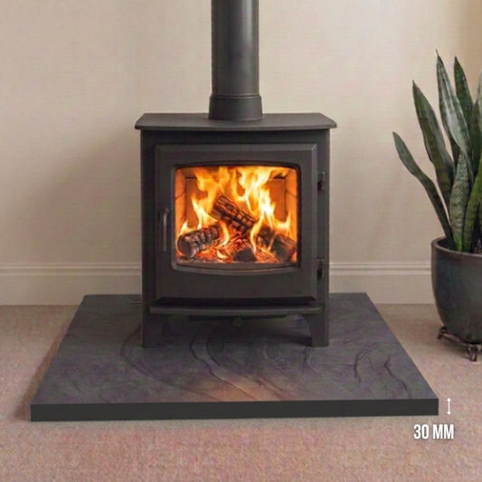 Brazilian black brushed slate hearth slab, 30mm heavy-duty gauge. Low-sheen matte surface with chamfered edges. Dispatched from Milton Keynes for UK delivery.