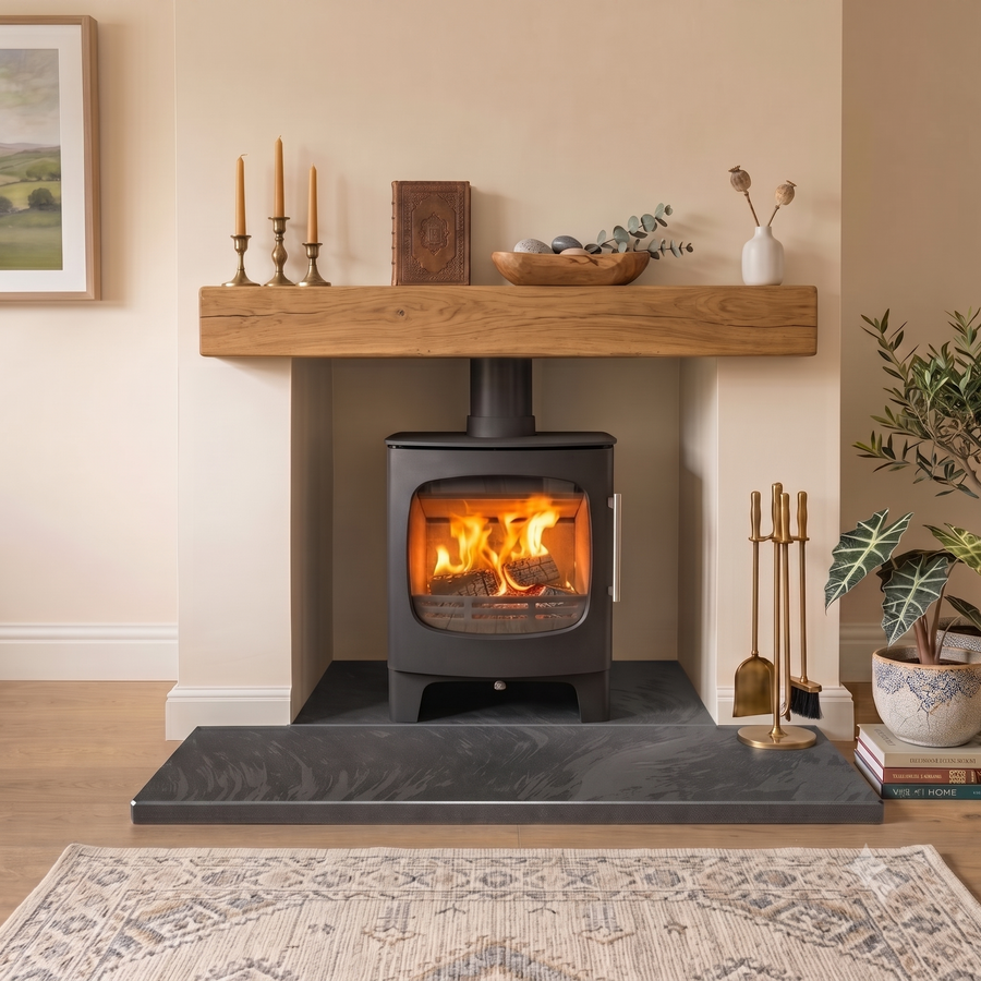 Premium Grade Brazilian black riven slate hearth, 1500x900x30mm, engineered for heavy stoves. Features premium fully dressed, honed, and chamfered edges. Dispatched from Milton Keynes for UK delivery.