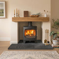 Brazilian Black Slate 1500 x 900mm x 30mm with a natural riven texture that passes the credit card test, engineered for heavy wood-burning stoves, available from our Milton Keynes warehouse.
